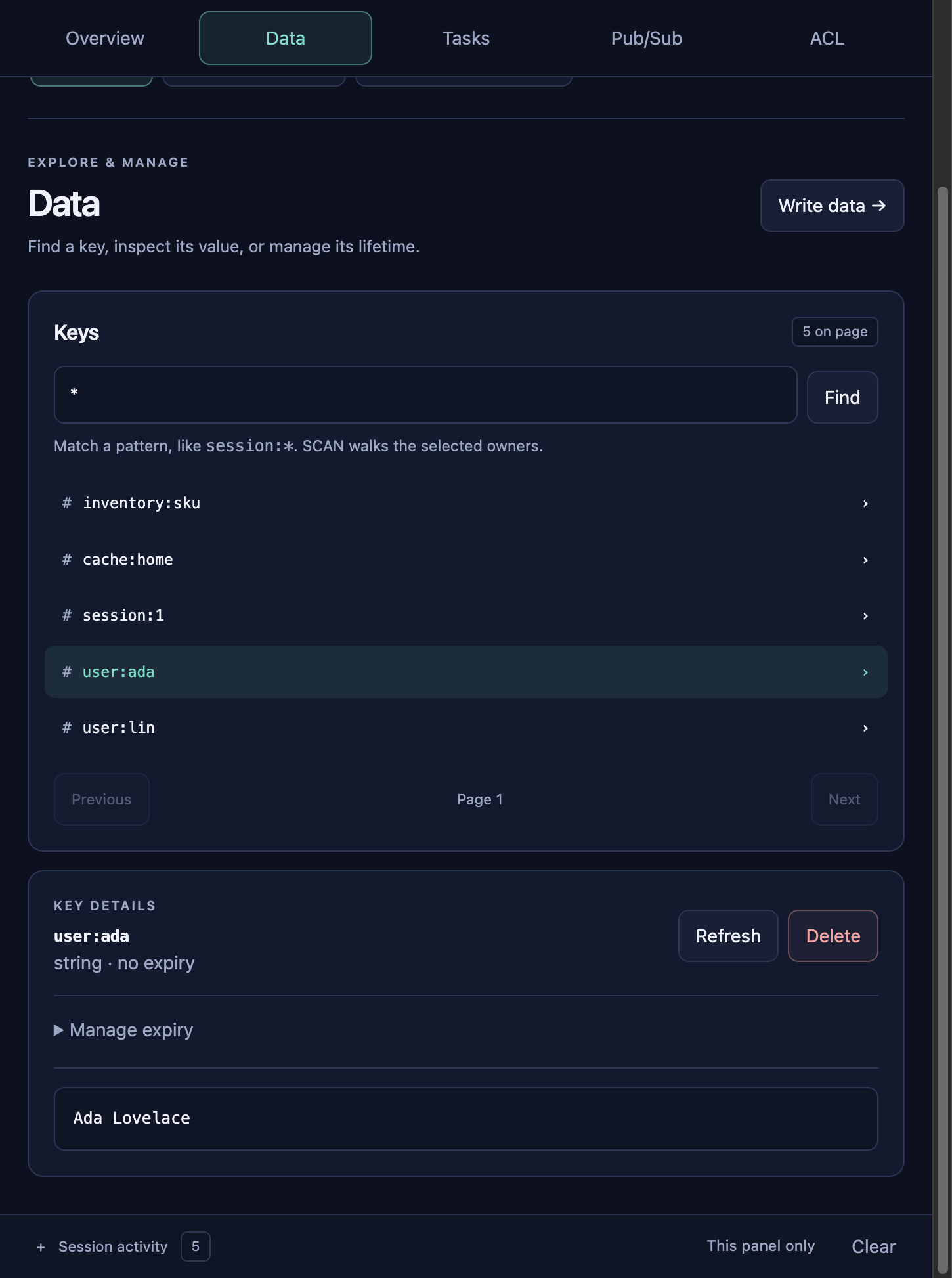 Data screen listing keys from both shards and the value of user:ada